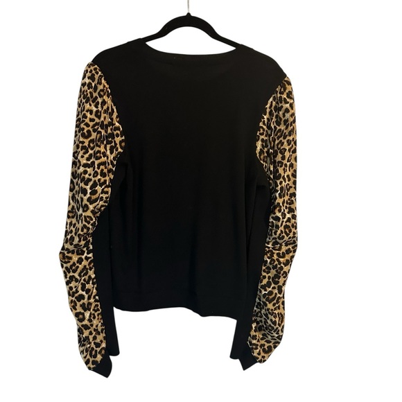 Veronica Beard Adler Mixed Media Animal Print Leopard Wool Black Sweater Size L - Picture 4 of 8